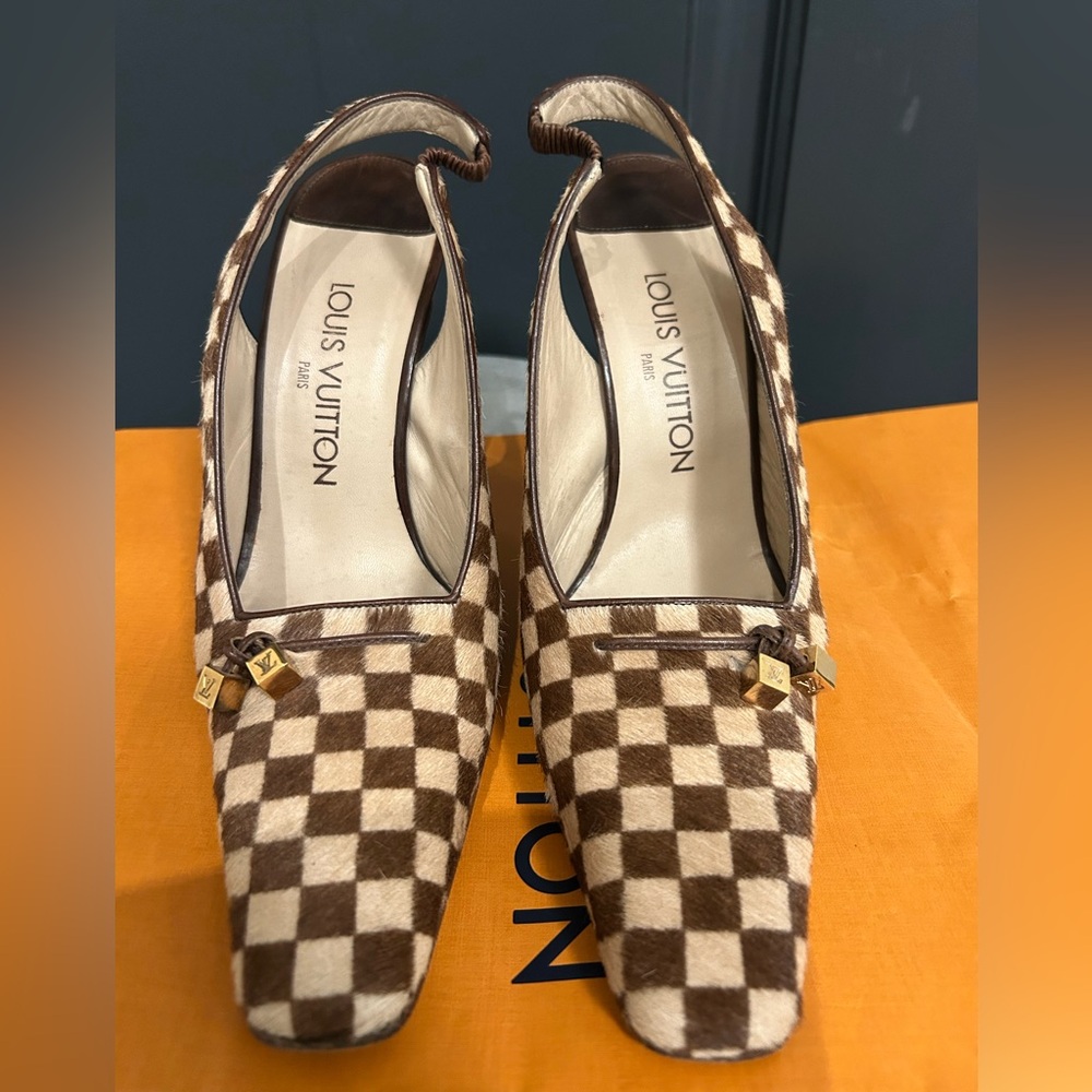 Louis Vuitton Brown and Cream Damier Slingback Heels